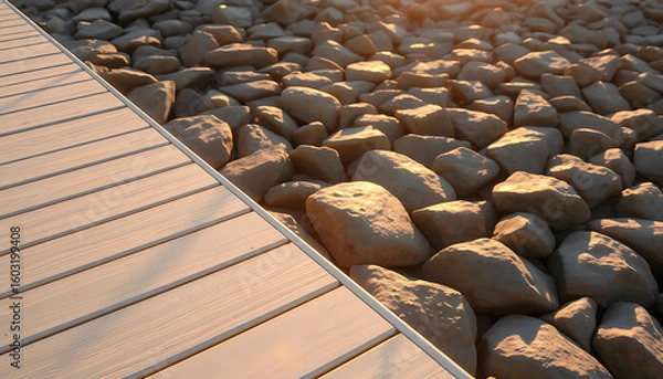 Fototapeta Pale wooden planks form a platform over smooth stones, where shadows stretch long at golden hour and silence lingers.
