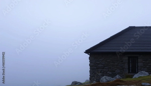 Fototapeta A single line of warm light outlines the corner of a stone-clad cabin, barely piercing the quiet veil of coastal mist.
