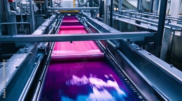 Fototapeta Fabric dyeing machine with a conveyor belt running through large dye tanks the fabric emerging brightly colored demonstrating the scale and complexity of automated dyeing in large textile plants