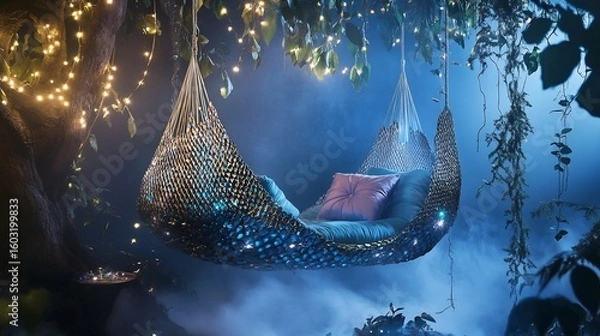 Fototapeta Fairy tale inspired dragon jhoola with shimmering dragon scales on the sides and soft cushions hanging from tree branches in a fantasy forest with magical lights and mist in the air