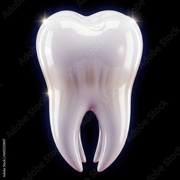 Fototapeta A healthy sparkling white molar tooth with glossy enamel and roots against a dark background