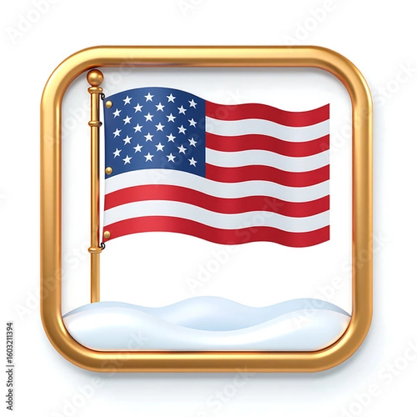 Fototapeta majestic american flag intricate golden border frames pristine snowy landscape uncluttered white copy