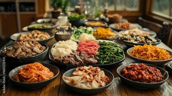 Fototapeta Family gathering with bulgogi beef japchae pickled radish and ssam wraps on a large table surrounded by joyful conversations and laughter