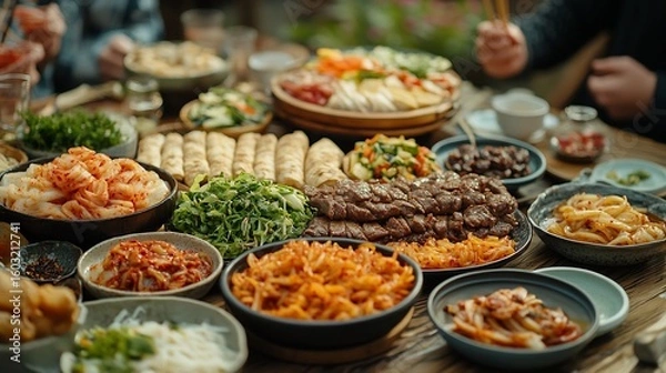 Fototapeta Family gathering with bulgogi beef japchae pickled radish and ssam wraps on a large table surrounded by joyful conversations and laughter