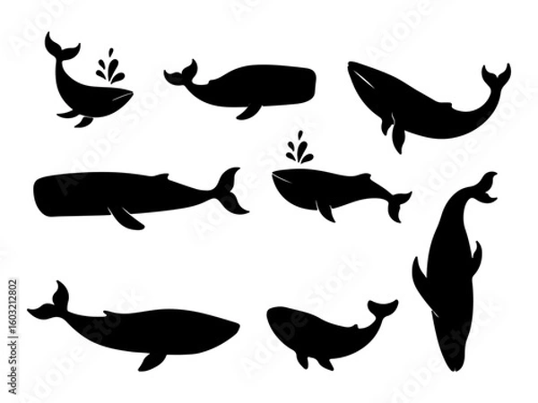Obraz Collection of whale silhouettes in various poses isolated on white background