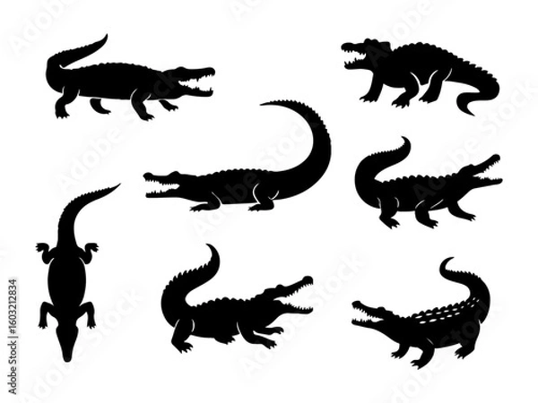 Fototapeta Collection of alligator silhouettes in various poses isolated on white background