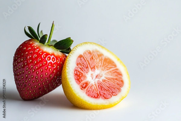 Fototapeta Sliced Strawberry and Half Lemon Isolated on White Background