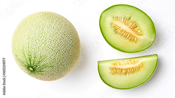 Fototapeta Whole Melon with Sliced Pieces Isolated on White Background