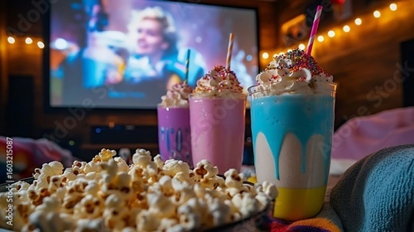 Fototapeta Family movie night at home with special floats in colorful glasses topped with sprinkles surrounded by popcorn bowls cozy blankets and a large screen showing a film in the background