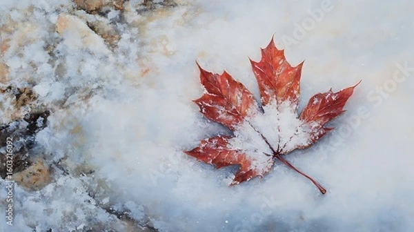 Fototapeta Red and white maple leaf gently resting on untouched snow