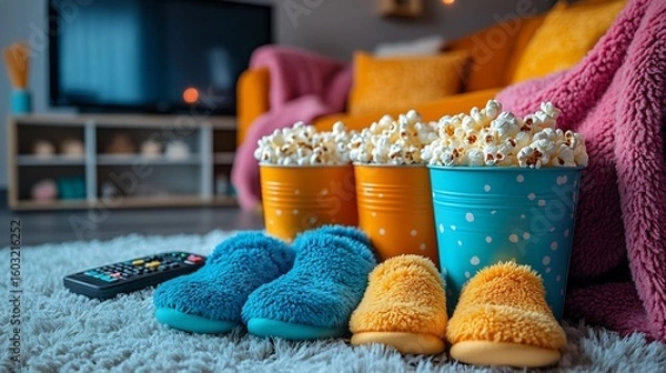 Fototapeta Family movie night setup with colorful slippers for kids and adults popcorn buckets blankets and a TV remote creating a cozy entertainment corner