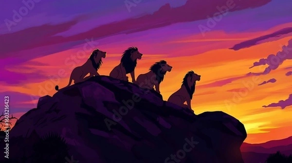 Fototapeta Family of lions lounging atop a rocky hill at dusk their silhouettes framed by a vibrant orange and purple sky each lion in a different relaxed pose as they watch the fading light