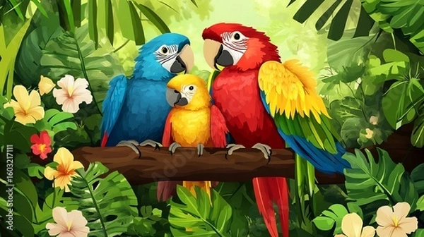 Fototapeta Family of parrots huddled together on a branch each with brightly colored feathers surrounded by green foliage and tropical flowers creating a warm and cozy family scene in the jungle
