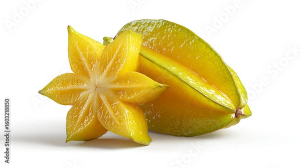 Obraz Yellow starfruit sliced and whole on white background