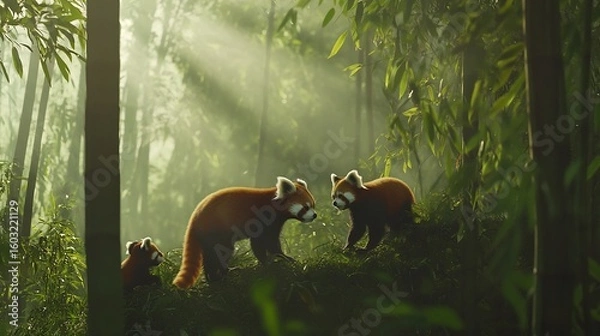 Fototapeta Family of red pandas exploring a bamboo forest during the early morning with soft rays of sunlight filtering through the mist creating a serene and peaceful scene
