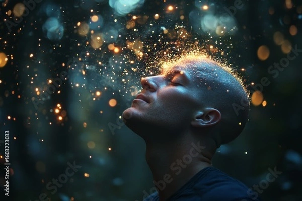 Obraz Ethereal lights dance around young male in mystical forest scene