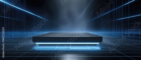 Fototapeta Futuristic Platform Dark Blue Digital with Glowing Lines