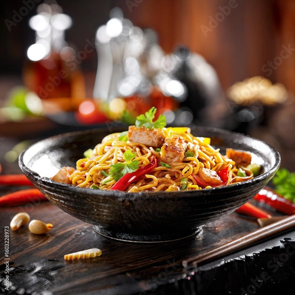 Fototapeta Gourmet Wok Noodles with Vegetables and Soy Sauce