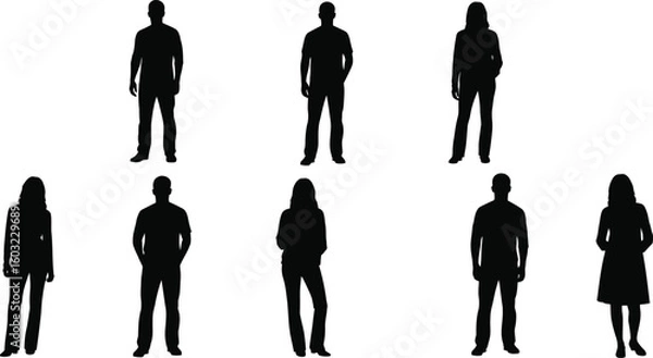 Fototapeta Diverse silhouettes of business people, a group of men and women in suits, stand as a vector illustration representing teamwork and success in an office setting