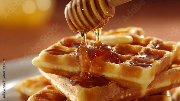 Obraz Golden Waffles Drizzled With Sweet Honey in a Mouthwatering Close-Up View