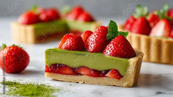 Obraz Close-Up of a Matcha Tart with Fresh Strawberries and Mint Garnish