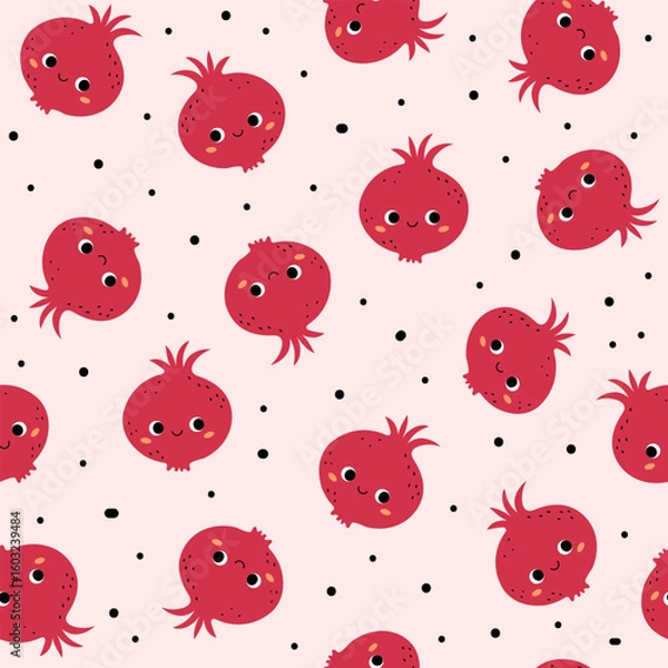 Fototapeta Cute pomegranate seamless pattern in kawaii style,vector illustration.