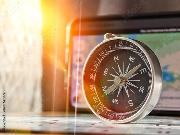 Fototapeta A close-up shot of a person holding a vintage-style compass with a metallic finish and clear markings for cardinal directions (N, S, E, W) and degree measurements. The compass is being used in conjunc
