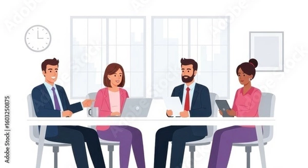 Fototapeta Flat illustration of Four professionals in a meeting discussing documents and using laptops symbolizing teamwork and strategy