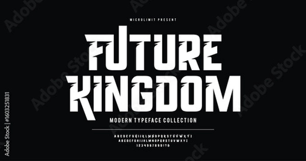 Fototapeta Future Kingdom: a bold modern typeface with futuristic urban flair. Featuring sharp A–Z letters in a clean, powerful style. Perfect for tech branding, digital posters, and sci-fi visuals.