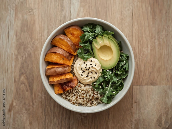 Obraz Nutrient-Rich Vegan Meal in White Bowl on Wooden Table – Top View Concept
