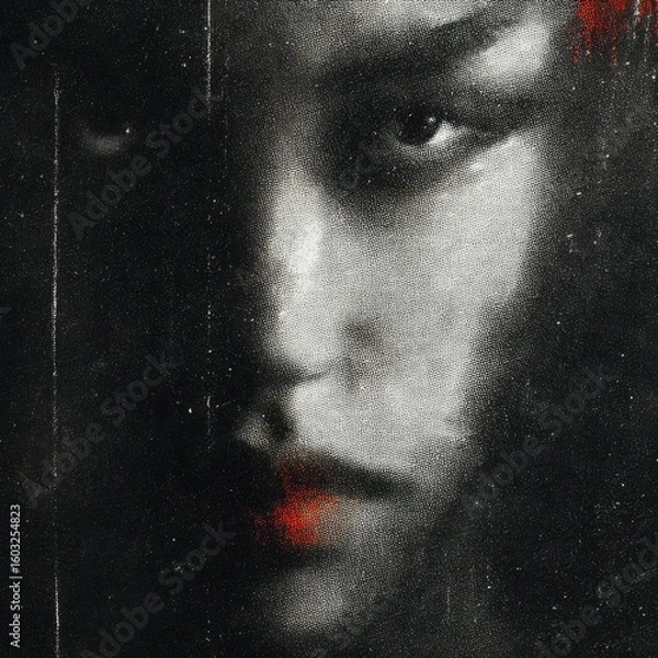Fototapeta A black-and-white, grainy photo of the face of an woman with red lipstick. A blurred face with a grainy texture and a dark aesthetic. The background is dark, digital art style.