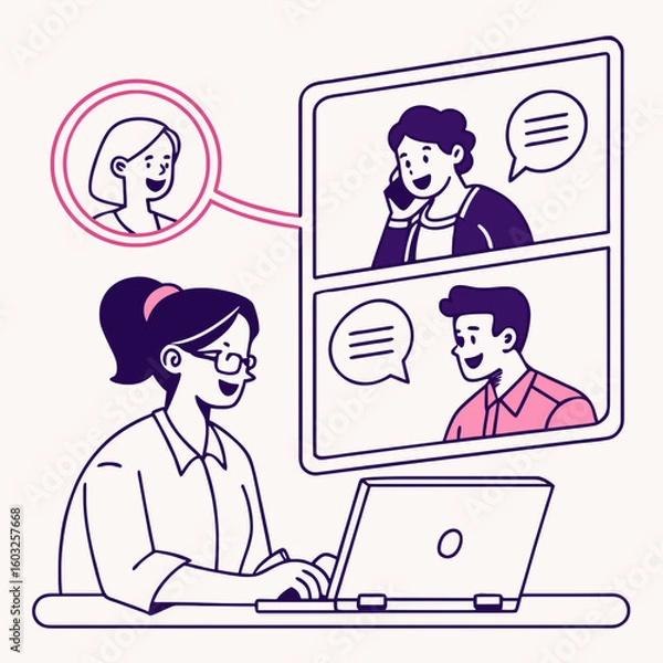 Fototapeta Happy young woman video conferencing with colleagues; cheerful online team meeting; modern minimalist line art illustration.