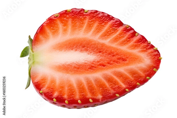 Fototapeta Close up macro shot of a fresh strawberry cut in half perfect for healthy food and fruit concepts use on transparent background