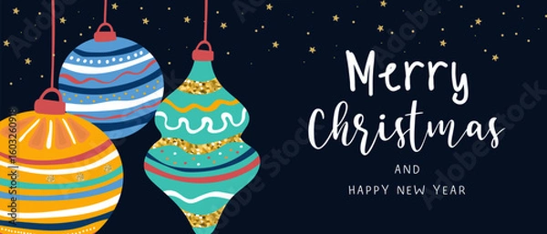 Fototapeta Colorful New Year card or banner with Christmas tree balls. Template for poster, banner, advertising, social networks.