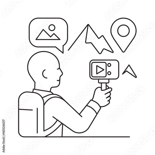 Fototapeta Line art of a traveler filming with an action camera, surrounded by nature icons. Concept for travel blogging, outdoor adventure, content creation.
