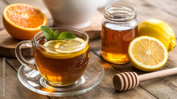 Obraz Warm honey lemon tea with fresh citrus and mint