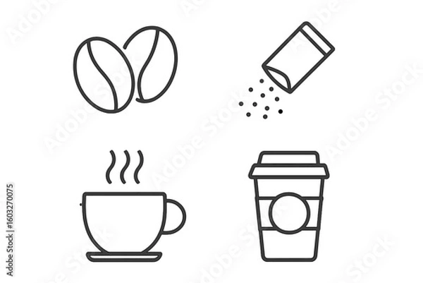 Fototapeta Coffee line icon set. Simple thin outline vector symbols. Collection for cafe menu, coffee shop, mobile app. Icons of coffee bean, hot cup, takeaway mug, sugar packet.