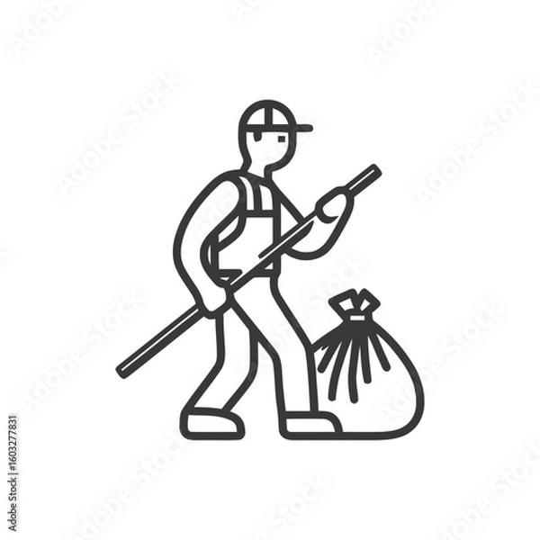Fototapeta Monochrome Line Art Icon: Worker Cleaning Up Waste with Litter Picker and Bag
