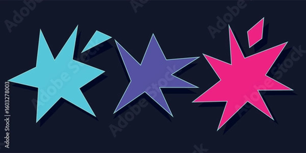 Fototapeta Flat vector illustration of three stylized abstract star or explosion shapes in neon color palette. Perfect for sci-fi interface design, game icons, digital stickers.