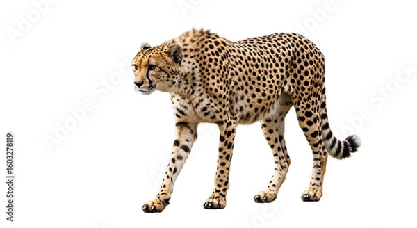 Fototapeta Cheetah in alert standing position with detailed spotted fur perfect for animal branding wildlife study fast predator concept or nature education visuals
