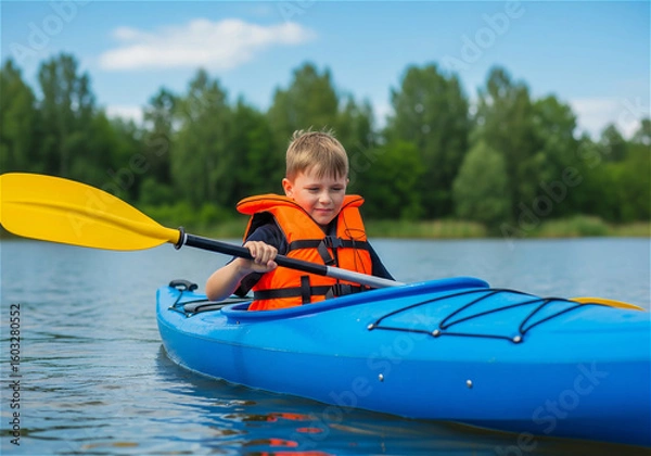 Obraz Boy Kayaking on a river, kayaking lesson and summer fun concept