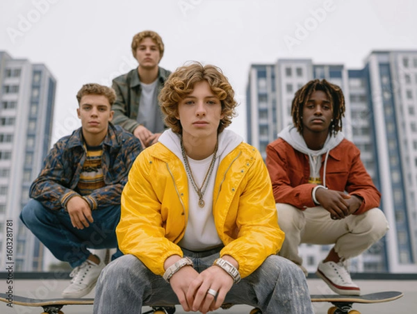 Obraz Group of four young male skateboarders posing confidently in urban setting, showcasing vibrant fashion styles and skateboard culture with modern buildings in the background