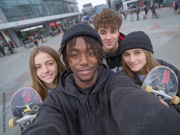Fototapeta Group of four young skateboarders posing for a selfie outdoors, showcasing their skateboards, with a bustling urban environment in the background, capturing youthful energy and camaraderie