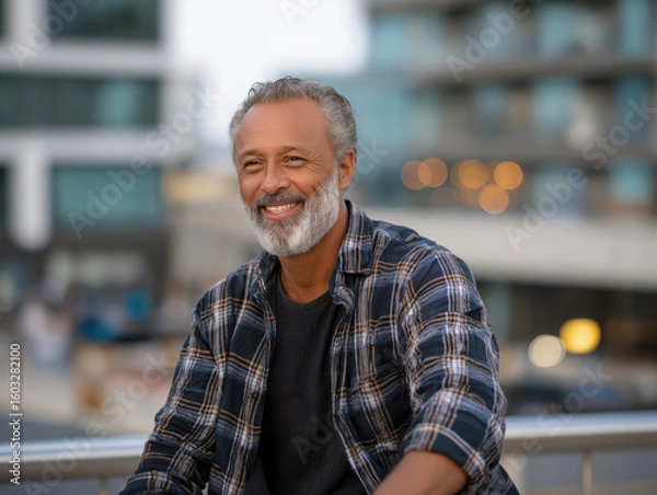 Fototapeta Smiling middle-aged man with a beard, wearing a plaid shirt, sitting outdoors in an urban setting, showcasing a relaxed atmosphere and friendly demeanor, perfect for lifestyle imagery