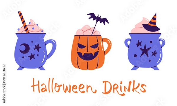 Obraz Set of three Halloween cocktail drinks in spooky mugs isolated on white background. Flat vector illustration of Witch's cauldron and Jack-o'-lantern cups for web banner, menu, or sticker design.