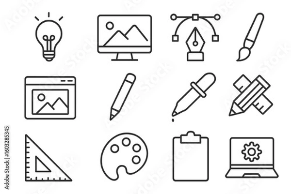 Fototapeta Graphic design and art tools line icon set. Collection of simple outline symbols for the creative process. Vector icons for drawing, web, app design, and digital art.