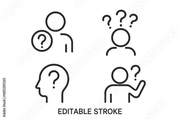 Fototapeta Question line icon set. Outline pictogram collection of a person thinking. Editable stroke. Concepts of problem, confusion, asking, support, help, doubt and FAQ.