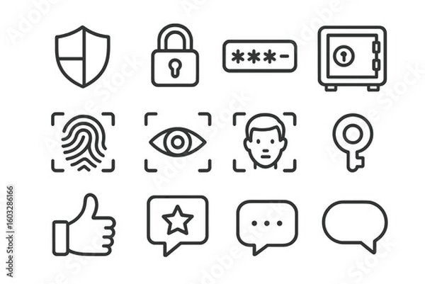 Fototapeta Security icon set for cyber safety and data protection. Biometric authentication with fingerprint, face, and eye scan. Shield, lock, password, and safe vector icons.