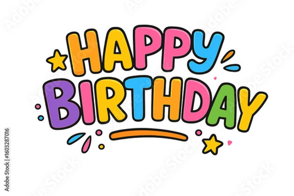 Fototapeta Happy Birthday lettering cartoon text. Colorful fun typography for kids party invitation or greeting card design. Vector illustration of a celebration quote isolated.