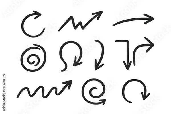 Obraz Hand drawn arrows vector icon set. Doodle direction pointers. Sketchy marker scribble symbols. Line art graphic design elements for infographic, web, presentation.